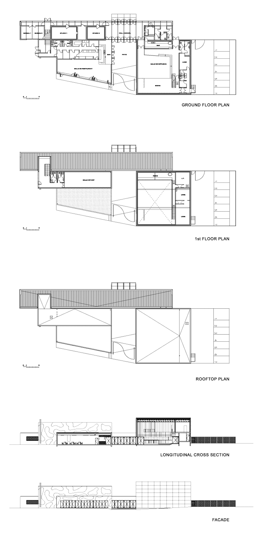 ground floor - 1st floor - rooftop plans - cross section - façade MARIN TROTTIN (Café Musiques)